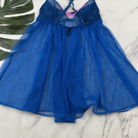 Victorias Secret Babydoll Negligee Top size M Blue Pink Lace Sheer Mesh - Picture 7 of 9